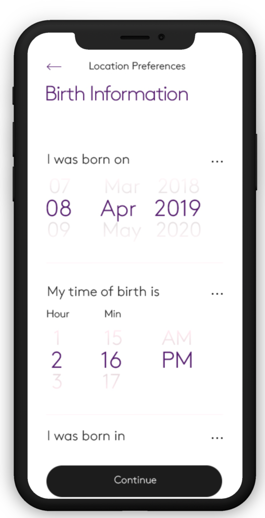 Birth details screen